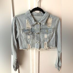 Light Blue Distressed Denim Cropped Jacket